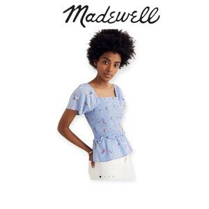 Madewell Romantic Aloha Floral Blue Smocked Flutter-Sleeve Top  size S